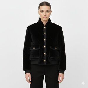 St. John Collection Faux Fur Jacket XS Womens Black Gold Button Front Lined